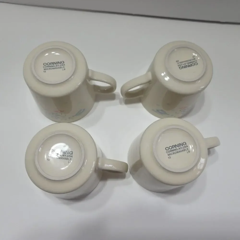 Set Of 4 Corning Corelle Dinner Plates + Cups Symphony Cream Blue Ribbon Floral